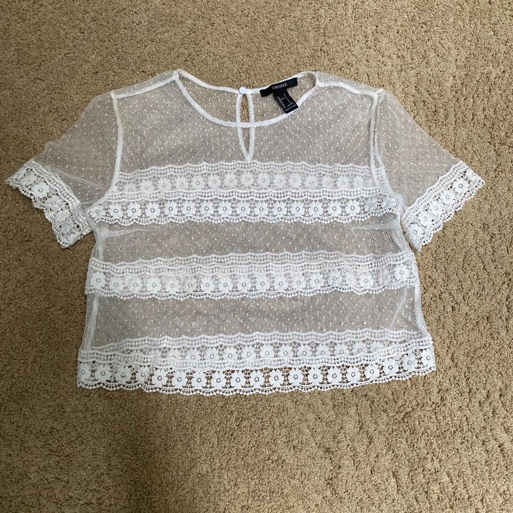 Forever 21 white short sleeve cropped mesh and lace top